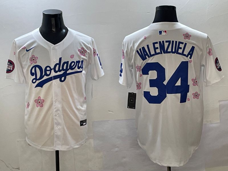 Men Los Angeles Dodgers 34 Valenzuela White Sakura Edition 2025 Nike MLB Jersey style 1